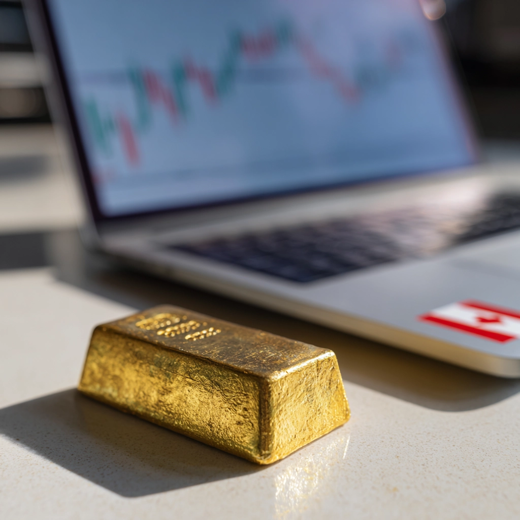 gold bar next to financial chart representing global gold price trends in Canada