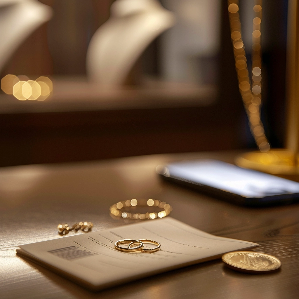 gold jewellery with phone and shop background representing online and local gold selling methods
