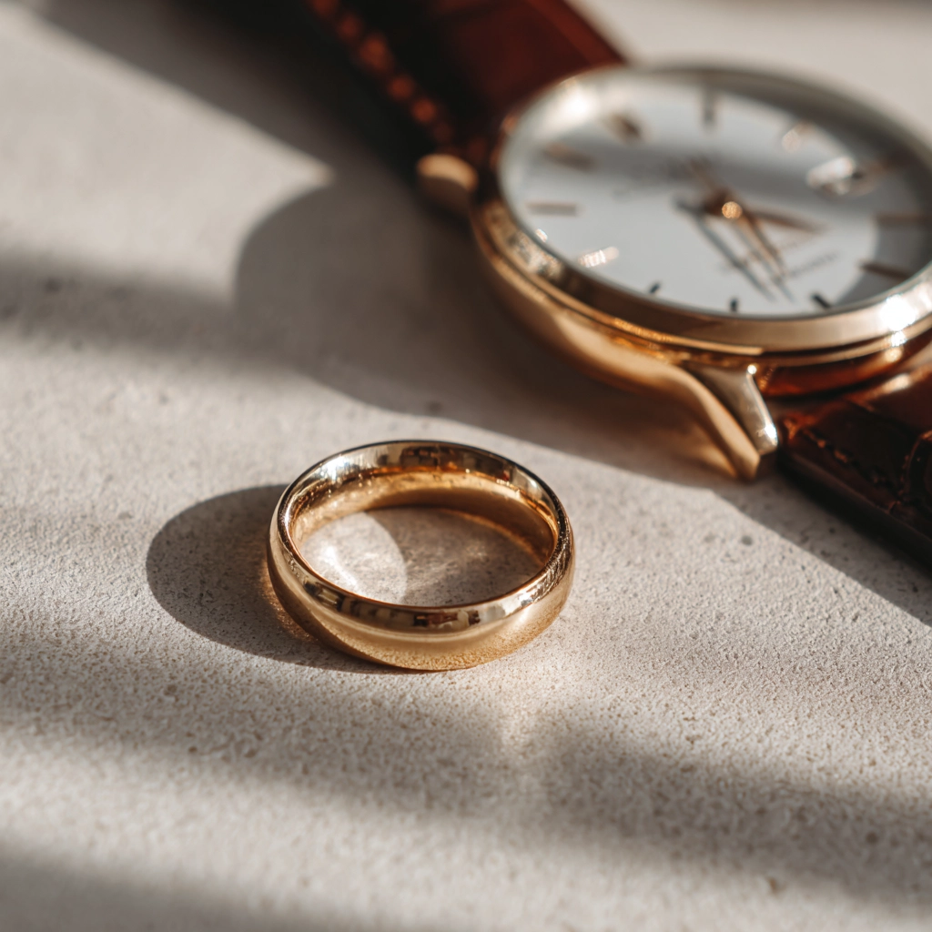 gold ring next to a watch representing timing when selling gold