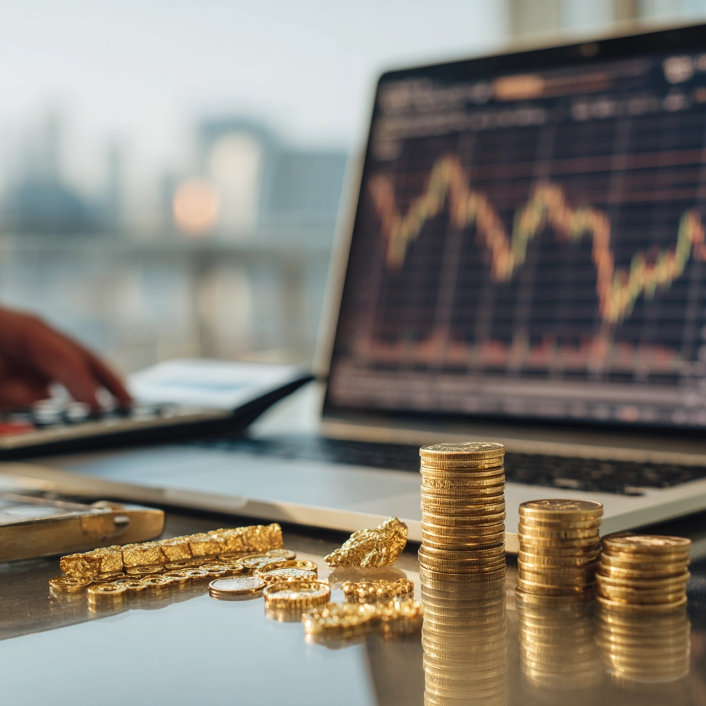 gold valuation process in canada with coins jewelry scale and market price chart