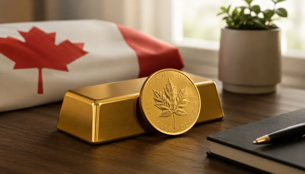 Gold bar and Canadian Gold Maple Leaf coin showing how to buy gold in Canada