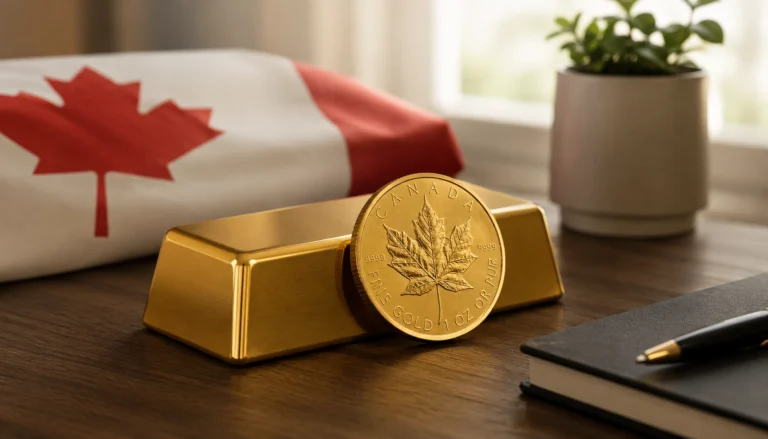 Gold bar and Canadian Gold Maple Leaf coin showing how to buy gold in Canada