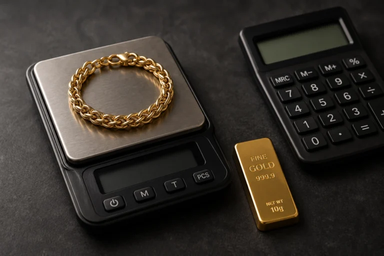 Gold bracelet, gold bar, scale, and calculator showing how to calculate gold price in Canada