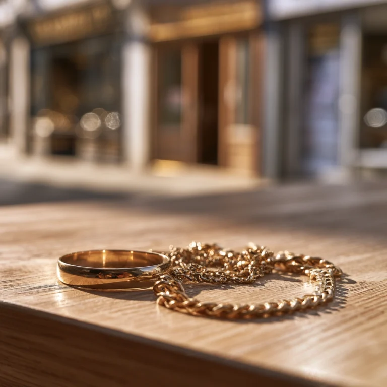 Gold jewellery with different buyer options in the background for choosing where to sell gold