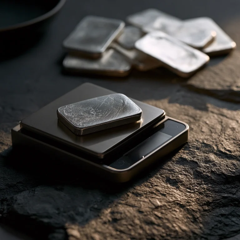 Silver bullion on a precision scale representing silver price calculations in Canada