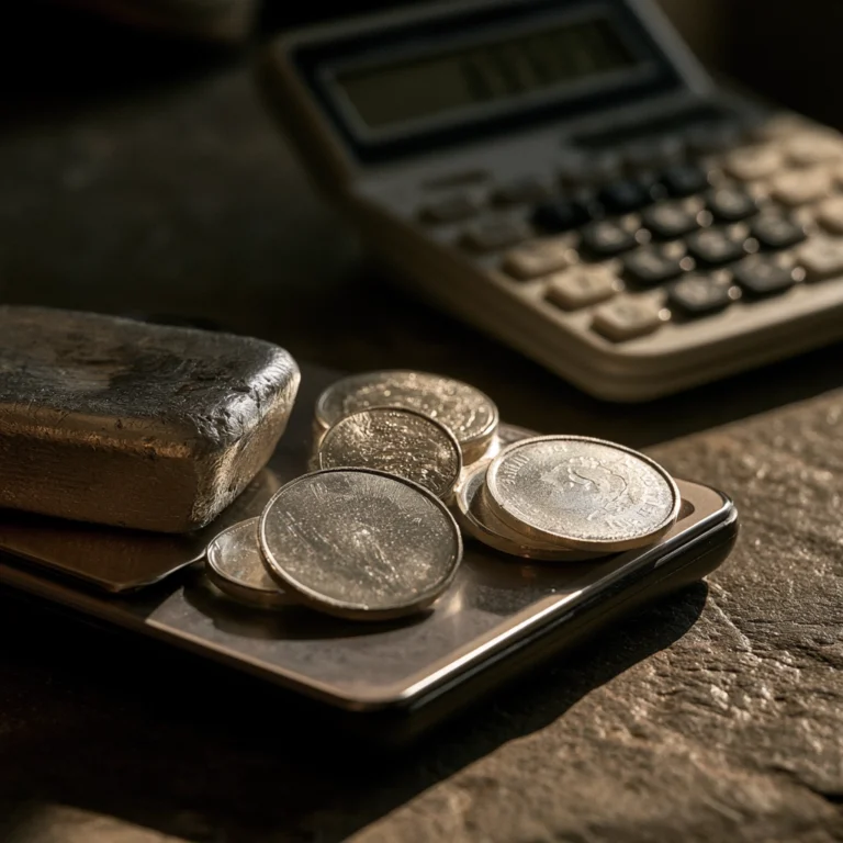 Silver coins and bullion weighed on a gram scale with a calculator for estimating silver value