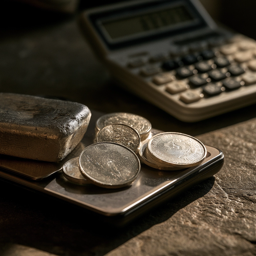 Silver coins and bullion weighed on a gram scale with a calculator for estimating silver value