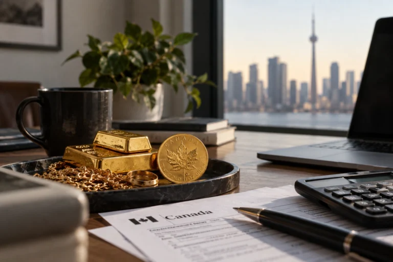 Gold bullion, Maple Leaf coin and jewellery representing taxes on gold in Canada